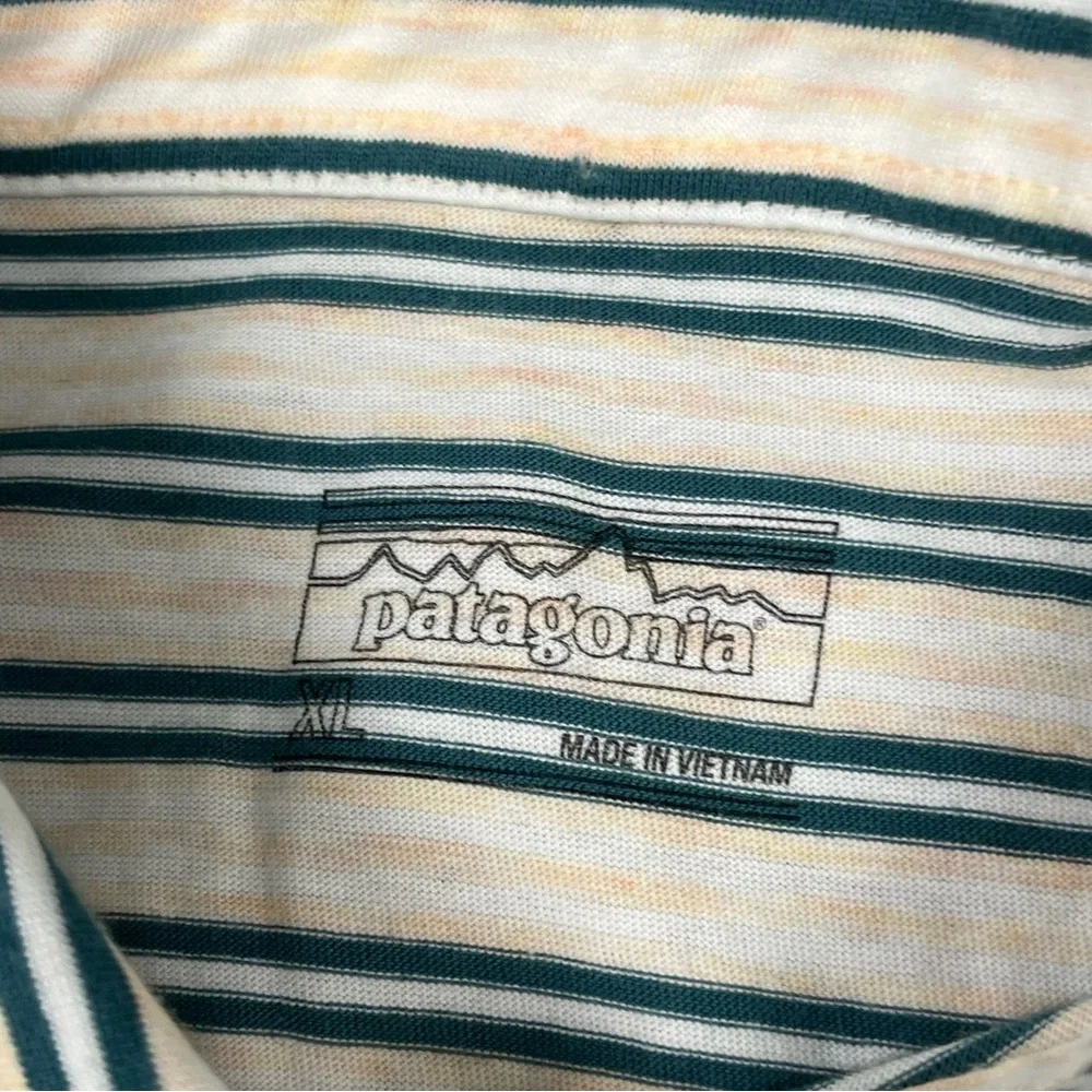 Patagonia Men's Squeaky Clean Polo Size XL Tan Green Striped Preppy Cotton EUC - Picture 4 of 9